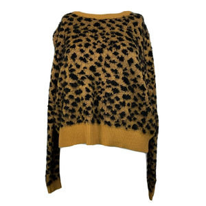NWT THML Sweater Womens Sz S Beige Black‎ Cheetah Crop Long Sleeve Fuzzy Knit